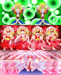 Rule 34 | 3girls, alphes (style), animal ears, blonde hair, rabbit ears, danmaku, dual persona, flandre scarlet, four of a kind (touhou), glowing, glowing eyes, green eyes, guuchama, highres, long hair, md5 mismatch, mizuhashi parsee, multiple girls, multiple persona, necktie, parody, purple hair, red eyes, reisen udongein inaba, resized, side ponytail, style parody, touhou, very long hair