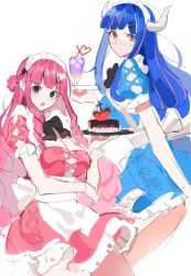 Rule 34 | 2girls, apron, bad id, bad twitter id, black eyes, black ribbon, blue dress, blue hair, blunt bangs, cake, character profile, commentary, commentary request, dress, drill hair, eyelashes, food, gloves, hair bun, holding, holding plate, horns, joman, korean commentary, long hair, looking at viewer, maid, maid apron, maid headdress, multicolored hair, multiple girls, one piece, perona, pink dress, pink hair, plate, profile, ribbon, simple background, two-tone hair, ulti (one piece), white background
