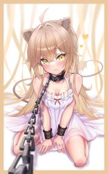 Rule 34 | 1girl, absurdres, ahoge, animal ears, bare shoulders, blonde hair, breasts, chain, chain leash, cleavage, collar, collarbone, cuffs, dress, heart, highres, indie virtual youtuber, leash, lion ears, lion tail, long hair, rurudo lion, rurudo lion (1st costume), shackles, sitting, solo, sundress, tail, virtual youtuber, wariza, white dress, wrist cuffs, yang1413, yellow eyes