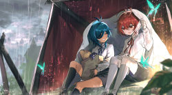 Rule 34 | 2girls, aged down, bag, black legwear, black shorts, blue hair, blurry, blurry background, blurry foreground, bread, bug, butterfly, child, closed eyes, collared shirt, commentary, dark-skinned male, dark skin, diluc (genshin impact), eyepatch, food, fruit, genshin impact, grapes, grin, hair between eyes, hayama eishi, highres, holding, holding bag, improvised umbrella, insect, kaeya (genshin impact), leaf, long hair, long sleeves, looking at another, male focus, multiple boys, multiple girls, open mouth, outdoors, paper bag, rain, red eyes, red hair, shirt, shorts, sitting, smile, socks, symbol-only commentary, tent, under covers, wet, white legwear, white shirt