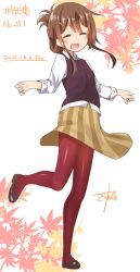 Rule 34 | 10s, 1girl, 2015, ^ ^, alternate costume, autumn leaves, brown hair, dated, closed eyes, folded ponytail, gurande (g-size), highres, inazuma (kancolle), kantai collection, long hair, pantyhose, smile, solo, sweater vest