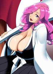 Rule 34 | 1girl, black kimono, bleach, breasts, carrying over shoulder, cleavage, commentary request, haori, highres, hikifune kirio, huge breasts, japanese clothes, kimono, long hair, long sleeves, looking at viewer, mattari yufi, open mouth, pink hair, purple eyes, red lips, sash, solo, taichou haori, upper body