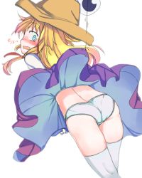 Rule 34 | 1girl, ass, blonde hair, blue eyes, blush, clothes lift, commentary request, cowboy shot, embarrassed, fishing hook, from behind, furorina, hat, kneepits, long hair, looking back, moriya suwako, open mouth, panties, profile, sidelocks, simple background, skirt, skirt lift, solo, thigh gap, thighhighs, touhou, underwear, white background, white panties, white thighhighs