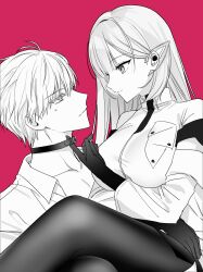 Rule 34 | 1boy, 1girl, cecil (nikke), detached sleeves, earpiece, eye contact, gloves, goddess of victory: nikke, greyscale, highres, johan (nikke), kumo tabetai, long hair, looking at another, monochrome, necktie, pantyhose, red background, shirt, short necktie, sitting, sweatdrop