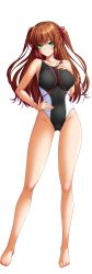 Rule 34 | 1girl, absurdres, bare arms, bare legs, bare shoulders, barefoot, bishop (company), breasts, brown hair, closed mouth, competition swimsuit, feet, female focus, full body, game cg, gluteal fold, green eyes, groin, hand on own hip, hand on own chest, hand up, happy, highres, kazoku: haha to shimai no kyousei, large breasts, legs, legs apart, long hair, looking at viewer, mizoro tadashi, one-piece swimsuit, original, smile, solo, standing, swimsuit, tachi-e, thighs, toes, tomizawa erisu, transparent background, twintails