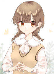 Rule 34 | 1girl, absurdres, blush, bow, bowtie, braid, brown eyes, brown hair, bug, butterfly, closed mouth, collared shirt, commentary, frilled shirt, frills, highres, insect, long sleeves, looking at viewer, low twin braids, medium hair, original, puffy sleeves, shirt, sidelocks, silhouette, simple background, smile, solo, sweater vest, twin braids, upper body, white background, white bow, white bowtie, white shirt, ya29 i, yellow sweater vest