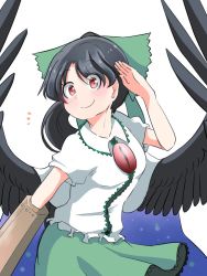Rule 34 | 1girl, arm cannon, arm up, bird wings, black hair, black wings, blush, bow, breasts, cape, closed mouth, commentary request, cowboy shot, eyes visible through hair, feathered wings, green bow, green skirt, hair bow, hand up, long hair, medium breasts, notice lines, one-hour drawing challenge, puffy short sleeves, puffy sleeves, red eyes, reiuji utsuho, shirt, short sleeves, shumokugarasu, simple background, skirt, smile, solo, touhou, weapon, white background, white cape, white shirt, wing collar, wings