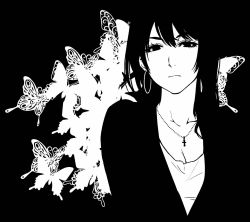 Rule 34 | 1girl, bad id, bad pixiv id, black hair, blending, bug, butterfly, cross, cross necklace, earrings, eyelashes, greyscale, hoop earrings, bug, jacket, jewelry, long hair, looking at viewer, monochrome, necklace, open clothes, open jacket, original, poaro, simple background, solo, white background