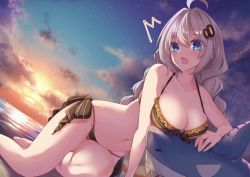 Rule 34 | 1girl, :o, ^^^, ahoge, arm support, bare legs, barefoot, bikini, black bow, blue eyes, blush, bow, braid, breasts, cleavage, cloud, commentary, commentary request, dutch angle, evening, frilled bikini, frills, gradient sky, hair ornament, halterneck, hetaren (ramark), horizon, inflatable shark, inflatable toy, kizuna akari, large breasts, long hair, looking at viewer, navel, ocean, open mouth, outdoors, side-tie bikini bottom, signature, silver hair, sky, solo, stomach, string bikini, striped bikini, striped clothes, sunset, swimsuit, twin braids, two-tone bikini, very long hair, vocaloid, voiceroid, water