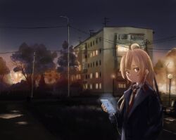Rule 34 | 1girl, ahoge, apartment, arver1944, bench, black jacket, braid, brown eyes, cellphone, commentary, english commentary, expressionless, highres, holding, holding phone, jacket, lamppost, light brown hair, long hair, long sleeves, looking at viewer, musical note, necktie, onii-chan wa oshimai!, outdoors, oyama mahiro, phone, power lines, radio antenna, red necktie, shirt, smartphone, solo, sunset, tree, twin braids, white shirt, wing collar