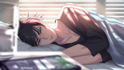 Rule 34 | 1boy, alarm clock, bed, bedroom, black hair, black shirt, window blinds, cabinet, cellphone, clock, closed mouth, collarbone, cup, drinking glass, eilinna, fushiguro megumi, green eyes, hair between eyes, indoors, jujutsu kaisen, long sleeves, looking at viewer, male focus, morning, on bed, phone, pillow, shirt, short hair, smartphone, solo, spiked hair, under covers