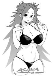 1girl artist_name asava_(hutaitenn) bikini breasts cleavage cowboy_shot cropped_legs forehead highres jun&#039;you_(kancolle) kantai_collection large_breasts magatama monochrome navel parted_bangs simple_background solo spiked_hair standing swimsuit