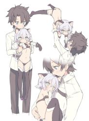 Rule 34 | 1boy, 1girl, age difference, animal ear fluff, animal ears, ass, bandaged arm, bandages, black hair, black thighhighs, blade (galaxist), blue eyes, carrying, cat ears, commentary request, fate/grand order, fate (series), fujimaru ritsuka (male), gloves, green eyes, hair between eyes, holding, jack the ripper (fate/apocrypha), kemonomimi mode, longcat (meme), meme, multiple views, navel, pants, revealing clothes, shirt, short hair, simple background, stomach, thighhighs, white background, white hair, white shirt