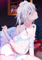 Rule 34 | 1girl, aqua eyes, bad id, bad pixiv id, bare shoulders, bed, blurry, blush, bow, breasts, cameo, depth of field, dress shirt, floral print, frilled panties, frills, green bow, groin, hair bow, highres, izayoi sakuya, lips, maid headdress, navel, off shoulder, painting (object), panties, remilia scarlet, see-through, shirt, short hair, silver hair, small breasts, solo, sweat, touhou, unbuttoned, underwear, yamada ranga
