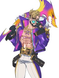 Rule 34 | 1boy, abs, absurdres, adjusting eyewear, bara, beard, belt, black belt, black gloves, blonde hair, chain necklace, draven, facial hair, fur-trimmed jacket, fur trim, gloves, highres, holding, holding weapon, jacket, jewelry, large pectorals, league of legends, mag cora imparo, male focus, muscular, muscular male, navel, necklace, official alternate costume, open clothes, open jacket, pants, pectorals, purple jacket, short hair, simple background, solo, soul fighter draven, sunglasses, weapon, white background, white pants