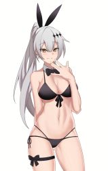 Rule 34 | 1girl, :3, bare arms, bare shoulders, bikini, black bikini, bow, bowtie, breasts, brown eyes, cero (last2stage), cleavage, closed mouth, cowboy shot, detached collar, earrings, five-seven (cruise queen) (girls&#039; frontline), five-seven (girls&#039; frontline), front-tie bikini top, front-tie top, girls&#039; frontline, gluteal fold, grey hair, hair ornament, halterneck, hand up, highleg, highleg bikini, highres, jewelry, large breasts, long hair, looking at viewer, multi-strapped bikini, navel, official alternate costume, ponytail, side-tie bikini bottom, smile, solo, stomach, string bikini, swimsuit, thigh strap, thighs