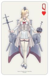 Rule 34 | 10s, 1girl, blonde hair, breasts, card, cleavage, corset, crown, dress, garter straps, highres, kantai collection, long hair, looking to the side, off-shoulder dress, off shoulder, playing card, rigging, solo, taruya, thighhighs, turret, warspite (kancolle), white thighhighs, zettai ryouiki