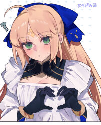 Rule 34 | 1girl, ?, ahoge, artoria caster (fate), artoria caster (third ascension) (fate), artoria pendragon (fate), black gloves, blonde hair, blue ribbon, blush, bracelet, breasts, dress, facial mark, fate/grand order, fate (series), forehead mark, gloves, green eyes, hair ribbon, heart, heart hands, highres, jewelry, long hair, long sleeves, looking at viewer, ribbon, small breasts, twintails, uxco0, white dress