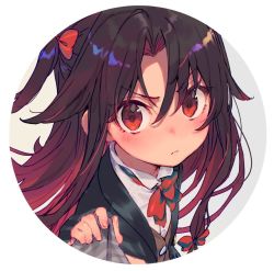 Rule 34 | 1girl, black hair, blush, bow, close-up, closed mouth, hair bow, looking at viewer, multicolored hair, official art, red bow, red eyes, red hair, red neckwear, ryuuou no oshigoto!, shirabi, solo, two-tone hair, upper body, yashajin ai