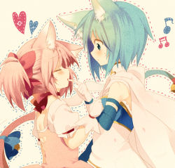Rule 34 | 10s, 2girls, animal ears, bad id, bad pixiv id, blue eyes, blue hair, blush, cape, cat ears, cat tail, closed eyes, cuts, dotted line, finger sucking, finger to mouth, gloves, heart, injury, kaname madoka, kemonomimi mode, magical girl, mahou shoujo madoka magica, mahou shoujo madoka magica (anime), miki sayaka, multiple girls, musical note, nochita shin, pink hair, tail, wide-eyed
