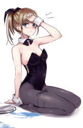 Rule 34 | 1girl, bare shoulders, black pantyhose, blue eyes, blush, breasts, brown hair, cleavage, detached collar, feet, highres, leotard, looking at viewer, original, pantyhose, ponytail, short hair, simple background, sketch, small breasts, solo, spill, takeuchi aya, tears, tray, white background, wrist cuffs