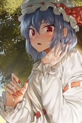 Rule 34 | 1girl, absurdres, blue hair, blue sky, blush, bow, dress, goback, hair between eyes, hands up, hat, hat bow, highres, huge filesize, long sleeves, looking at viewer, nail polish, open mouth, red bow, red eyes, red nails, remilia scarlet, shadow, short hair, sky, solo, sunlight, touhou, tree, white dress, white hat, white sleeves