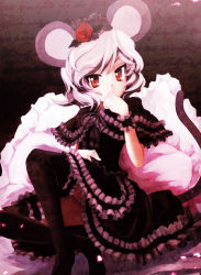 Rule 34 | 1girl, alternate costume, animal ears, black thighhighs, capelet, dress, female focus, flower, frilled dress, frills, gothic lolita, grey hair, hair ornament, highres, ikamagu, ikmg, lolita fashion, looking at viewer, mouse ears, mouse tail, nazrin, red eyes, red flower, red rose, rose, short hair, sitting, solo, tail, thighhighs, touhou, tsurime, wrist cuffs