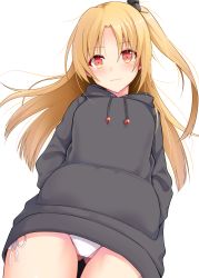 Rule 34 | 1girl, azur lane, bikini, bikini bottom only, bikini under clothes, black sweater, blonde hair, blush, cleveland (azur lane), closed mouth, drawstring, from below, gluteal fold, hands in pocket, highres, long hair, long sleeves, looking at viewer, looking down, no pants, one side up, panties, parted bangs, red eyes, side-tie bikini bottom, side-tie panties, simple background, smile, solo, standing, straight hair, sweater, swimsuit, takeyuu, tareme, thigh gap, underwear, white background, white bikini