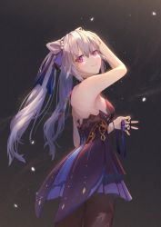 Rule 34 | 1girl, armpits, bare shoulders, black dress, blue dress, blush, breasts, double bun, dress, from side, genshin impact, hair bun, hair ornament, hair ribbon, half-closed eyes, highres, keqing (genshin impact), keqing (opulent splendor) (genshin impact), looking at viewer, looking back, multicolored clothes, multicolored dress, night, night sky, pantyhose, purple eyes, purple hair, ribbon, sideboob, simon (sacili), sky, solo