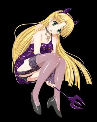 Rule 34 | 10s, 1girl, arms between legs, asia argento, asymmetrical clothes, black footwear, black panties, blonde hair, breasts, cleavage, covered navel, dress, fake horns, full body, garter straps, green eyes, hairband, high heels, high school dxd, holding, horns, jewelry, long hair, looking at viewer, medium breasts, necklace, open mouth, panties, purple dress, purple hairband, shoes, sleeveless, sleeveless dress, solo, star (symbol), star print, thighhighs, transparent background, underwear, very long hair