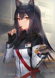 Rule 34 | 1girl, animal ear fluff, animal ears, aos, arknights, black capelet, black gloves, black hair, brown eyes, capelet, commentary request, fingerless gloves, food, food in mouth, gloves, hair between eyes, hands up, highres, holding, holding food, indoors, jacket, long hair, long sleeves, looking at viewer, pocky, sidelocks, solo, texas (arknights), upper body, white jacket, wolf ears