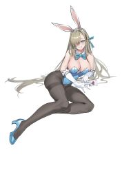 Rule 34 | 1girl, animal ears, aqua leotard, asuna (blue archive), asuna (bunny) (blue archive), bare shoulders, black pantyhose, blue archive, bow, bowtie, breasts, card, cleavage, collarbone, commentary request, covered navel, detached collar, fake animal ears, forehead, full body, gloves, hair over one eye, headband, high heels, highleg, highleg leotard, highres, holding, holding card, knee up, leotard, lying, mole, mole on breast, official alternate costume, on side, open mouth, pantyhose, paradox (parapa), parted lips, platinum blonde hair, playboy bunny, simple background, sitting, solo, strapless, strapless leotard, thighs, traditional bowtie, white background, white gloves, white headband
