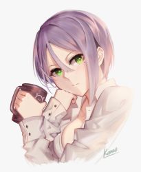 Rule 34 | 1girl, bad id, bad twitter id, breasts, character request, commentary, cup, english commentary, green eyes, hair between eyes, highres, holding, holding cup, looking at viewer, mole, mole under eye, open clothes, open shirt, purple hair, rhine (overtonerhine), sakura quest, short hair, simple background, solo, white background