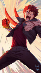 Rule 34 | 1boy, blouse, claws, cowboy shot, english text, grey pants, highres, jacket, kazuma (scryed), kyou-chan, looking at viewer, male focus, open mouth, pants, red hair, red shirt, scryed, shirt, solo, teeth