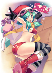 Rule 34 | 1girl, ;d, armpits, ass, bikini, black gloves, boots, breasts, christmas, cross, gloves, goggles, goggles on head, green hair, hat, hirano katsuyuki, looking at viewer, medium breasts, one eye closed, open mouth, orange scarf, original, red bikini, santa hat, scarf, sideboob, skindentation, smile, solo, striped clothes, striped thighhighs, swimsuit, thighhighs, underboob, v, wink, zipper