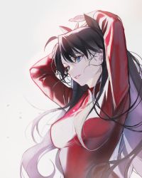 Rule 34 | 1girl, absurdres, ahoge, arms up, black bow, black hair, blue eyes, bow, breasts, commentary request, fate/stay night, fate (series), hair ornament, highres, lips, long sleeves, looking away, medium breasts, milin (orange maru), parted lips, red sweater, simple background, solo, sweater, tohsaka rin, upper body