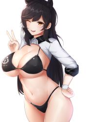 Rule 34 | 1girl, ;d, absurdres, alternate costume, animal ear fluff, animal ears, atago (azur lane), atago (stunning speedster) (azur lane), azur lane, bad id, bad pixiv id, bikini, black bikini, black hair, blush, breasts, cleavage, commentary request, cowboy shot, groin, hair ribbon, hand on own hip, hand up, highres, huge breasts, long hair, long sleeves, looking at viewer, mole, mole under eye, navel, one eye closed, open mouth, race queen, ribbon, san zhi chun, shrug (clothing), sidelocks, simple background, skindentation, smile, solo, stomach, swimsuit, v, white background, yellow eyes