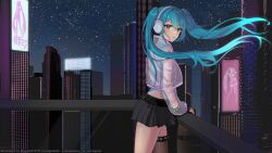 Rule 34 | 1girl, balcony, billboard, black skirt, blue eyes, blue hair, blush, cityscape, commentary, floating hair, hatsune miku, headphones, jacket, long hair, long sleeves, looking at viewer, night, open mouth, silhouette, skirt, solo, star (sky), twintails, very long hair, vickie (cryingrobot), vocaloid, vocaloid boxart pose