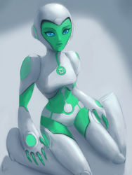 Rule 34 | 1girl, android, aya (green lantern), blue eyes, colored skin, dc comics, green lantern (series), green skin, kneeling, robot, solo
