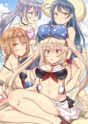 Rule 34 | 10s, 4girls, akebono (kancolle), bare shoulders, bikini, blonde hair, blue eyes, blue hair, blush, breast rest, breasts, breasts on head, brown eyes, brown hair, choker, cleavage, hair over one eye, hairband, hat, highres, ichikawa feesu, kantai collection, large breasts, light purple hair, long hair, looking at viewer, low twintails, multiple girls, murasame (kancolle), navel, open mouth, polka dot, polka dot swimsuit, red eyes, shiratsuyu (kancolle), side ponytail, sideways glance, skirt, small breasts, smile, swimsuit, twintails, ushio (kancolle), yellow eyes