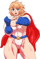 Rule 34 | 1girl, belt, blonde hair, blue eyes, bob cut, breasts, buckle, cameltoe, cape, cleavage, curvy, dc comics, gloves, kryptonian, large breasts, leotard, muscular, nezunezu, power girl, punching, red cape, shiny skin, short hair, solo, superman (series), thick thighs, thighs