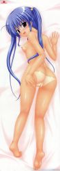 Rule 34 | 1girl, :d, absurdres, ass, bar censor, barefoot, blue eyes, blue hair, blush, breasts, censored, cleft of venus, dakimakura (medium), fat mons, feet, full-face blush, full body, hair bobbles, hair ornament, highres, kisaragi mic, long hair, long image, looking at viewer, looking back, lying, matching hair/eyes, nipples, nude, on stomach, open mouth, pastel wing, pointless censoring, pussy, small breasts, smile, soles, solo, tall image, tan, tanline, toes, tongue, top-down bottom-up, twintails, very long hair