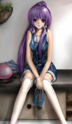 Rule 34 | 00s, 1girl, bad id, bad pixiv id, botan (clannad), casual, clannad, fujibayashi kyou, highres, jewelry, long hair, necklace, overalls, ponytail, purple eyes, purple hair, ribbon, shoes, solo, thighhighs, xeiyan