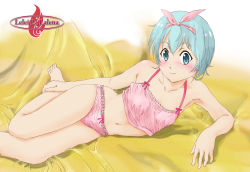 Rule 34 | 1girl, aqua eyes, aqua hair, arm support, barefoot, blanket, blush, bow, bow camisole, bow panties, breasts, camisole, character name, collarbone, commentary request, crop top, crotch seam, gate - jieitai ka no chi nite kaku tatakaeri, hugging own legs, lace, lace-trimmed camisole, lace-trimmed panties, lace trim, leg up, legs, lelei la lalena, long hair, looking at viewer, lying, marutaya, midriff, navel, on ground, on side, panties, partial commentary, pink camisole, pink panties, short hair, small breasts, solo, underwear