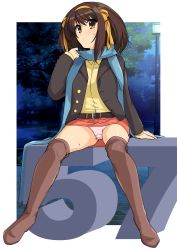 Rule 34 | 1girl, absurdres, belt, boots, breasts, brown eyes, brown footwear, brown hair, buttons, coat, hairband, haruhisky, highres, medium breasts, medium hair, miniskirt, open clothes, panties, pantyshot, presenting, scarf, simple background, skirt, solo, suzumiya haruhi, suzumiya haruhi no yuuutsu, thigh boots, thighhighs, thighs, underwear, winter clothes