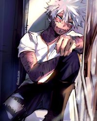 Rule 34 | 1boy, artist name, blue eyes, boku no hero academia, burn scar, cheek piercing, dabi (boku no hero academia), highres, looking outside, male focus, multiple scars, piercing, scar, scar on arm, scar on face, scar on hand, scar on neck, sharl0ck, shirt, sitting, solo, spiked hair, spoilers, staple, stapled, stitches, sunlight, symbol-only commentary, todoroki touya, white hair, white shirt, window