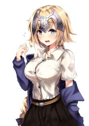 Rule 34 | 1girl, ahoge, belt, blonde hair, blue eyes, blush, braid, breasts, dress shirt, fate/grand order, fate (series), flying sweatdrops, headpiece, jacket, jeanne d&#039;arc (fate), jeanne d&#039;arc (ruler) (fate), jeanne d&#039;arc alter (fate), jeanne d&#039;arc alter (ver. shinjuku 1999) (fate), large breasts, long hair, nakatokung, off shoulder, official alternate costume, open mouth, shirt, short hair, single braid, skirt, very long hair, white background