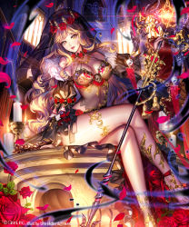 Rule 34 | &#039;o&#039;ne, 1girl, bad id, bad pixiv id, blonde hair, breasts, bustier, candle, cleavage, crown, flower, frills, gold, indoors, jewelry, large breasts, crossed legs, lips, long hair, looking at viewer, microskirt, necklace, parted lips, red flower, red rose, revealing clothes, rose, shingoku no valhalla gate, sitting, skirt, solo, staff, thighlet, very long hair, wavy hair, wreath