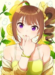 Rule 34 | 1girl, :o, ahoge, air bubble, bracelet, brown hair, bubble, camisole, commentary, earrings, food, fruit, hair ribbon, hand to own mouth, idolmaster, idolmaster million live!, jacket, jewelry, kamille (vcx68), lemon, lemon slice, looking at viewer, medium hair, off shoulder, open clothes, open jacket, parted lips, purple eyes, ribbon, side ponytail, solo, star (symbol), star earrings, upper body, yellow camisole, yellow jacket, yellow ribbon, yokoyama nao
