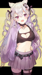 Rule 34 | 1girl, :d, animal ear fluff, animal ears, belt, belt buckle, black belt, black bow, bow, breasts, buckle, cleavage, cleavage cutout, clothing cutout, collarbone, grey hair, hair between eyes, hair bow, hand on own hip, heart, heart-shaped buckle, heart cutout, highres, hourei tenten, jacket, letterboxed, long hair, long sleeves, medium breasts, melty+, mole, mole on breast, navel, open clothes, open jacket, open mouth, pleated skirt, puffy long sleeves, puffy sleeves, purple jacket, purple skirt, red eyes, skirt, sleeves past wrists, smile, solo, thighhighs, tomozero, two side up, very long hair, virtual youtuber